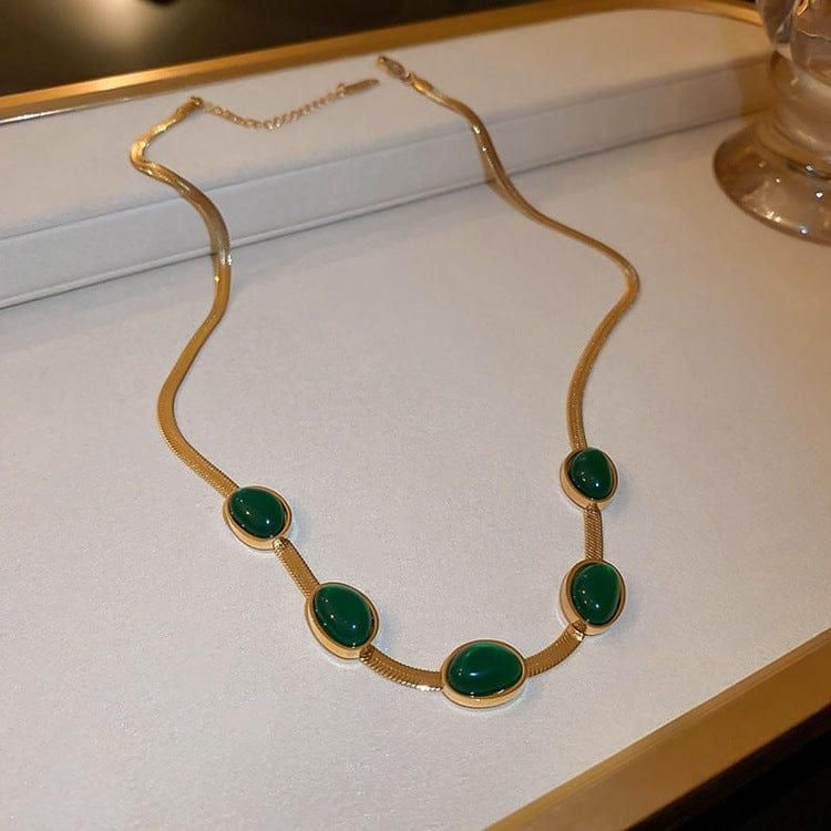 Oval Green Crystal Pendant Necklace Set With Bracelet.