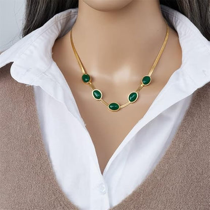 Oval Green Crystal Pendant Party Necklace Set For Women With Bracelet & Earrings Set