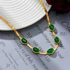 Oval Green Crystal Pendant Party Necklace Set For Women With Bracelet & Earrings Set