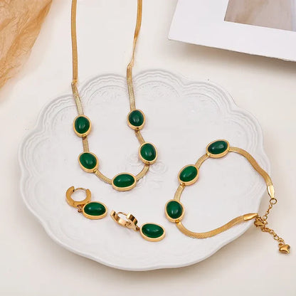 Oval Green Crystal Pendant Party Necklace Set For Women With Bracelet & Earrings Set